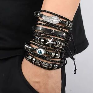 Evil Eye Leather Bracelet Set with Silver Accents